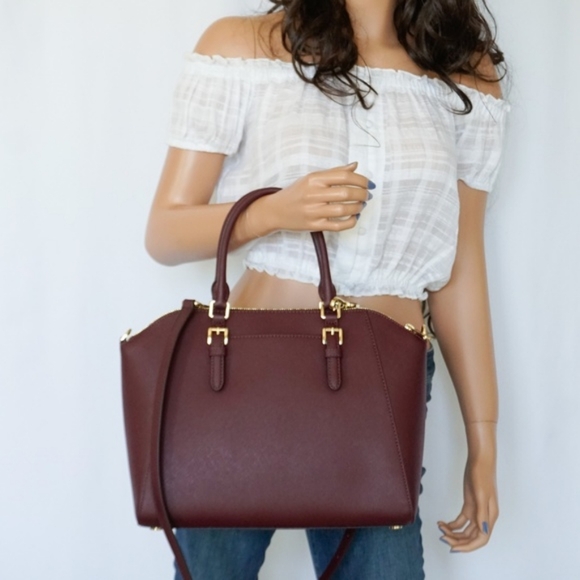 Michael Kors Ciara L Satchel Saffiano Leather Bag Merlot Zip Closure - Picture 3 of 10